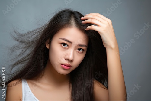 Concerned young woman's thin hair due to post-covid hair loss. Hair care for repairing and preventing hair loss from avitaminosis and anemia problems: Generative AI