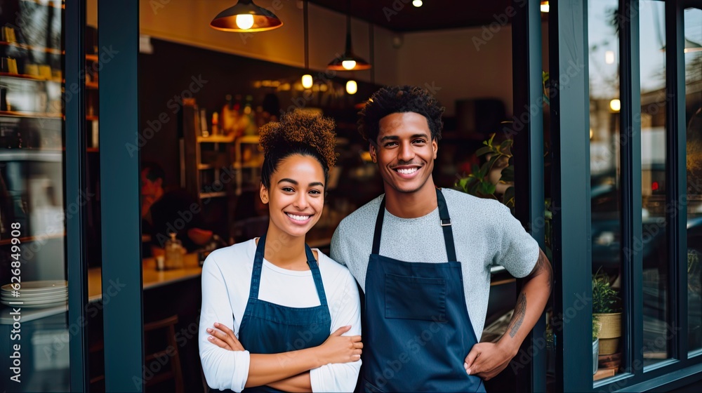 Proud Small Business Owners Couple Running New Eatery, Happy and Smiling Entrepreneurs. Generative AI Proud Small Business Owners Couple Running New Eatery, Happy and Smiling Entrepreneurs. Generative AI