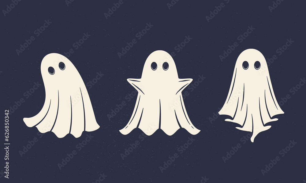 Funny Ghost characters set. Design element for logo, emblem, label, poster. Vector illustration