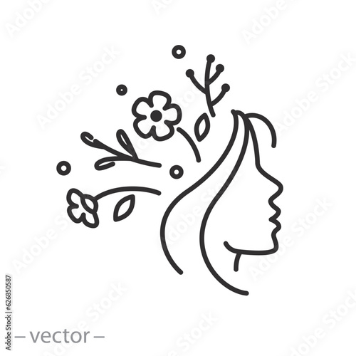 mental health human icon, woman face profile, positive thinking or happy thoughts, thin line symbol on white background - editable stroke vector illustration eps10