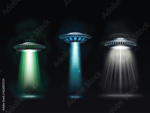 Realistic ufo. Spaceship abduction of aliens, 3d model futuristic space vessel, search alien ship, vertical beam light, invasion visitor, infinity effect exact vector illustration