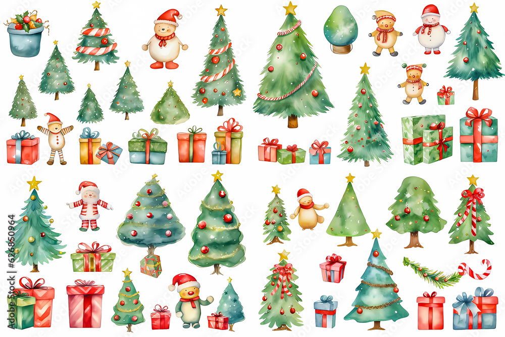 Naklejka premium A watercolor themed picture of a Christmas tree and a gift box.