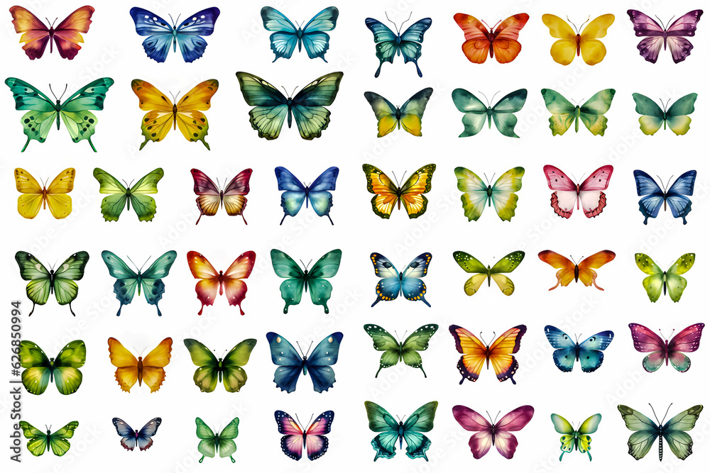 Watercolor illustration of butterfly in different poses, clip-art style on white background.,Generative Ai