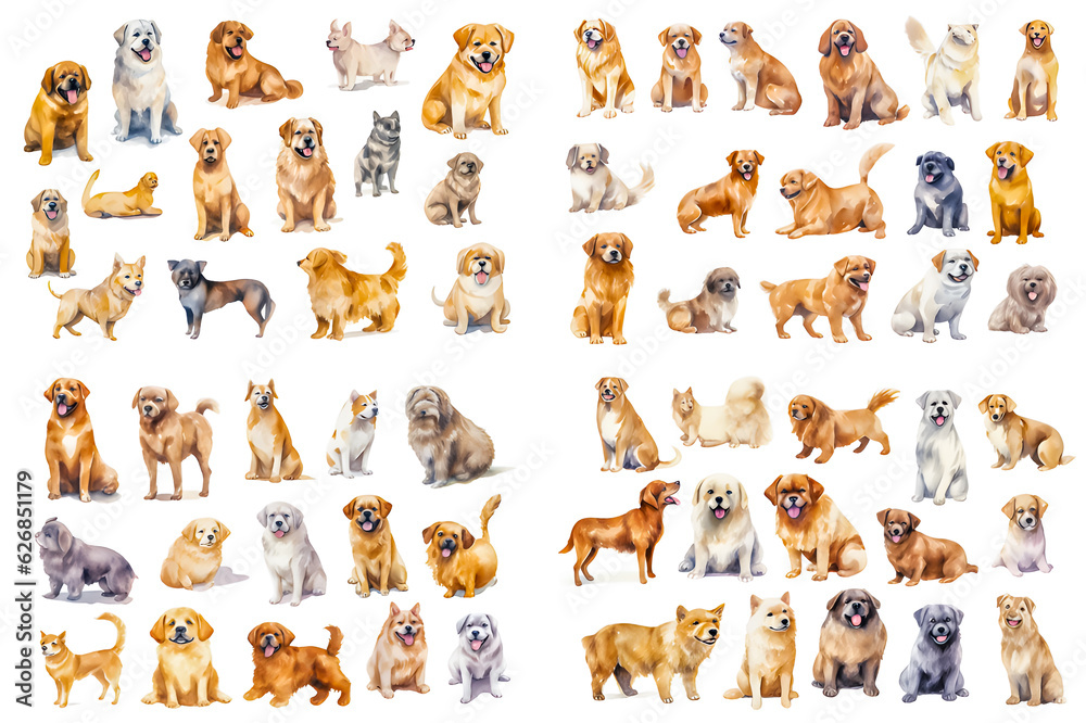 Watercolor illustration of elements of dogs of various breeds in cute poses.
