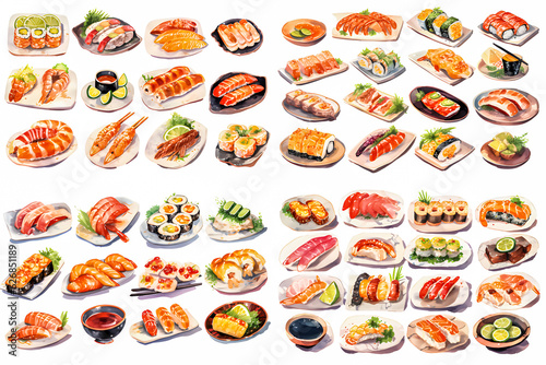 clip-art style watercolor of Various Japanese Sushi set of various shapes