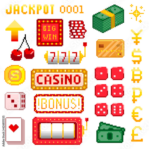 Casino 8-bit icons set. Pixel art. Old school computer graphic style. Games elements.