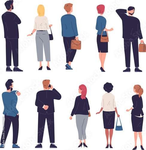 Business people back view. Behind man and woman in black suit, turned rear posterior businessman or businesswoman backside boss corporate office worker, classy vector illustration