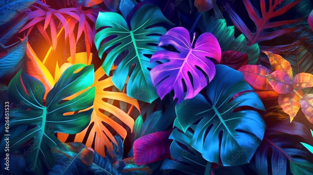 Tropical background with bright tropical leaves.