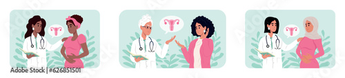 Doctors and patients of different races and ages. Male and female doctors talking to patients during consultation. International Day of Gynecological Health.