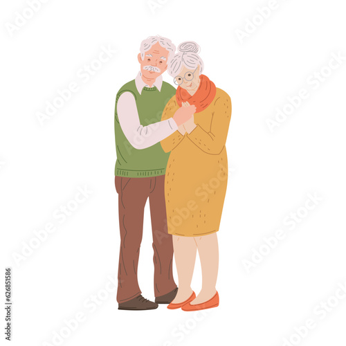 Cartoon grandparents stand together and warm hold hands, happy family live together vector lovely isolated illustration