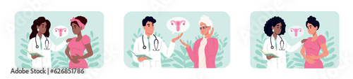 Doctors and patients of different races and ages. Male and female doctors talking to patients during consultation. International Day of Gynecological Health.