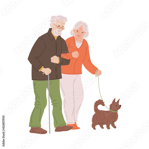 Happy old man and woman walking with dog together flat style