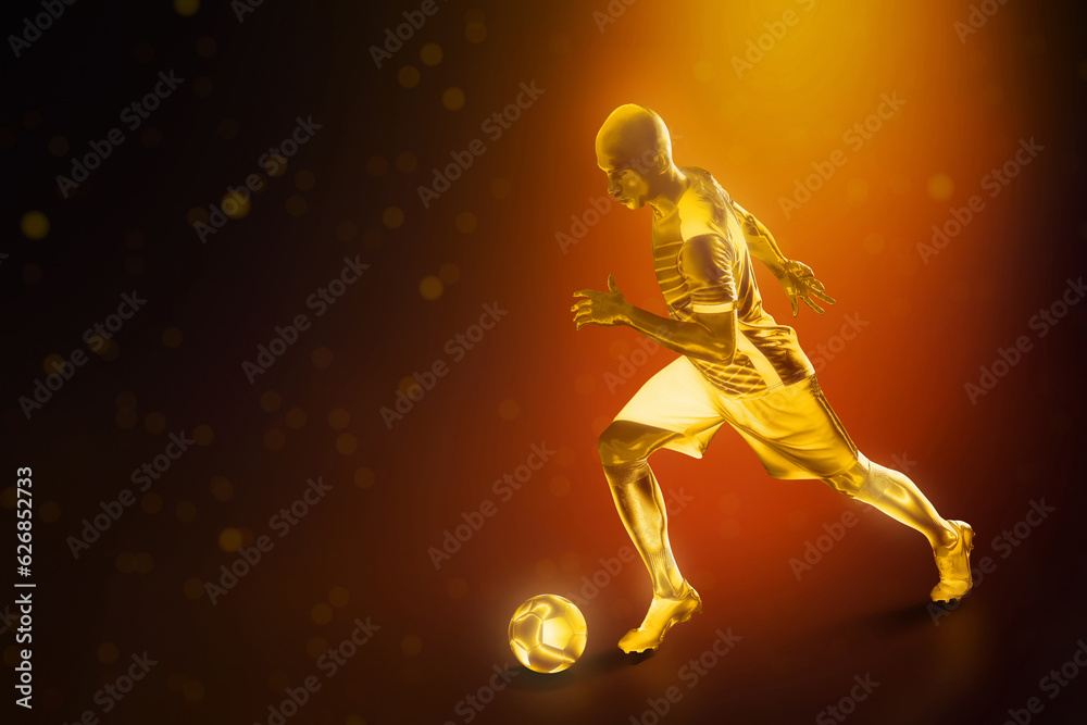 Golden soccer player run on dark background