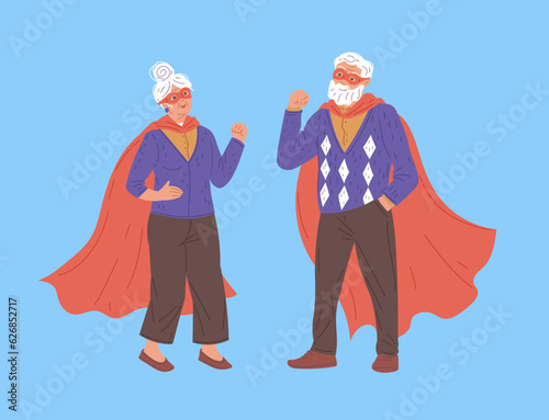 Superhero grandparents stand in red cloaks, flat vector illustration isolated.
