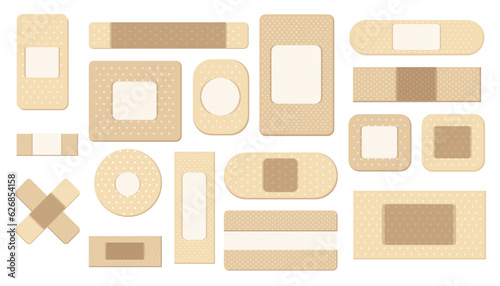 Adhesive plaster. Medical bandage, blister bandage and pad, antiseptic flexible dressing for protection of wounds. Vector flat set