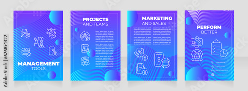 Management tools blue premade brochure template. Task manager. Online project. Business development booklet design with icons  copy space. Editable 4 layouts. Montserrat  Roboto Light fonts used