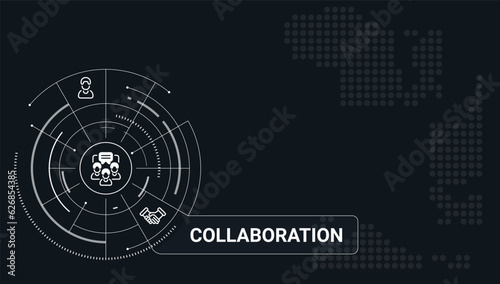 Collaboration concept banner template. Work together. Team productivity software. Teamwork project. Infographics on black background with icons, text. Editable vector illustration. Roboto font used