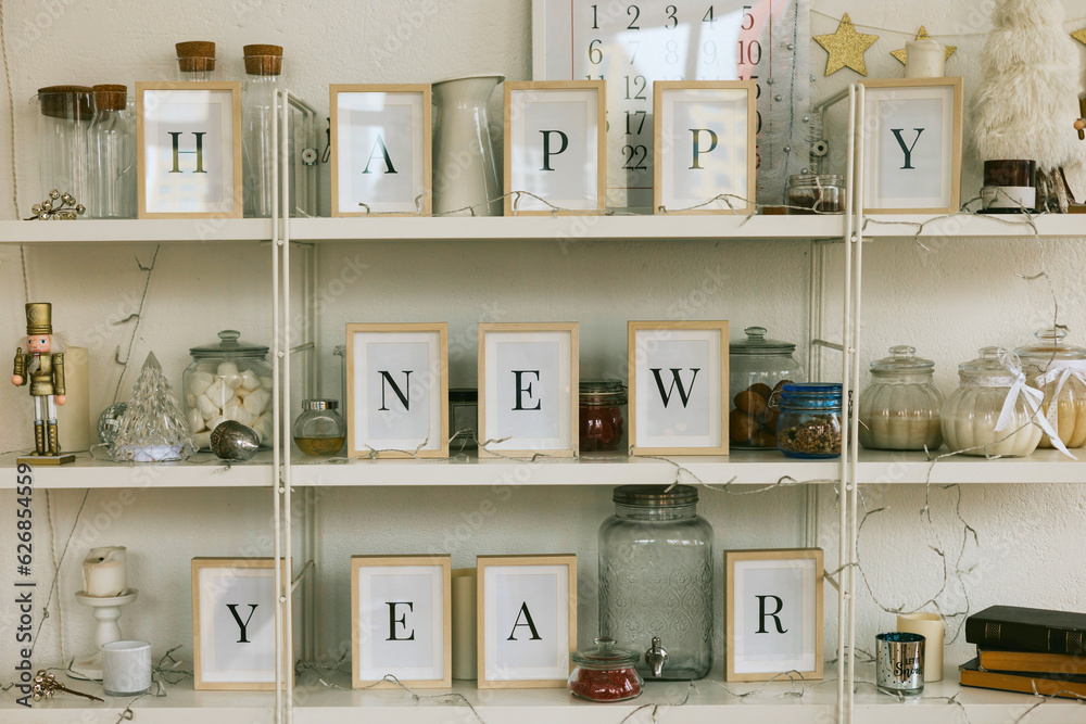 shelves with decor for New Year and Christmas shelves with decor for New Year and Christmas