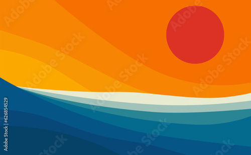 Summer, sun, sea. Vector illustration of waves of different colors from blue to orange. Sketch for creativity.