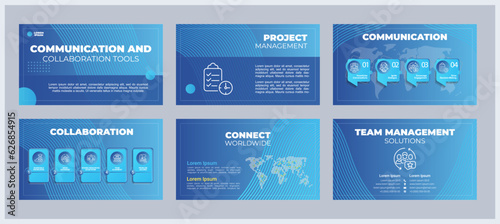 Communication and collaboration tools presentation templates set. Remote working. Team management. Ready made PPT slides on blue background. Graphic design. Montserrat, Arial fonts used