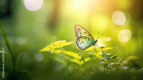 Butterfly in flight and flowers anemones in forest on nature. Butterfly. Generative Ai