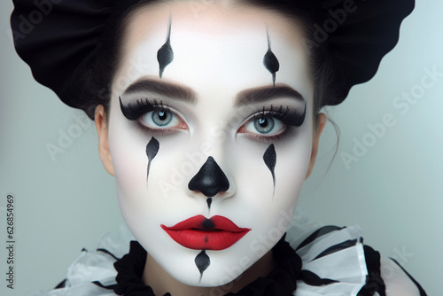 Woman's face with black and white Halloween Pierrot costume makeup photo
