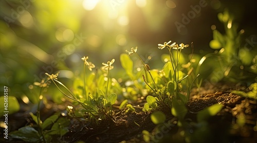 Natural green background of young juicy grass in sunlight with beautiful bokeh. Butterfly. Generative Ai