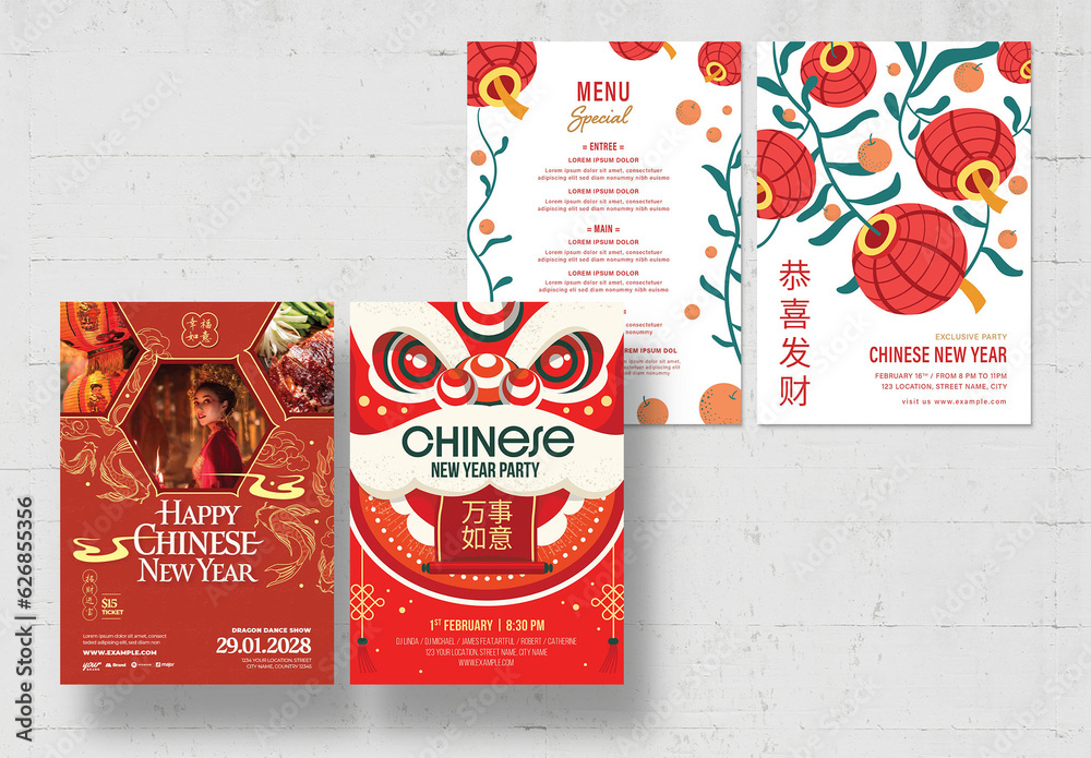 Chinese New Year Mid Autumn Festival Flyer Poster Layout Set with ...