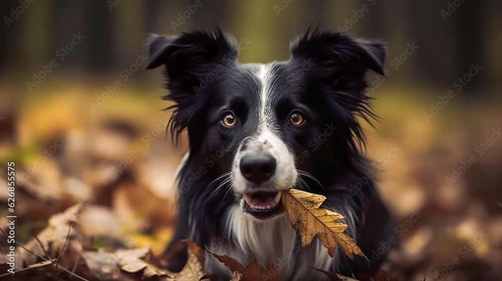 Beautiful black dog in the autumn forest, generative AI.
