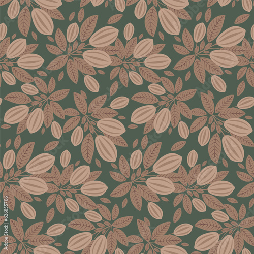 Cacao beans seamless pattern. Cocoa fruit vintage background. Vector illustration