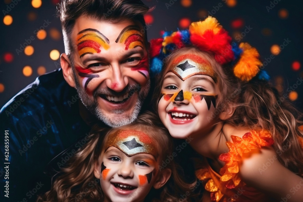 Happy family, father and little daughters in costumes and make-up on Halloween celebration.