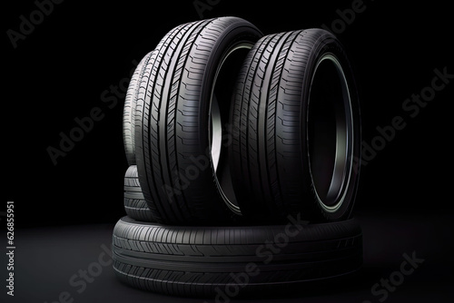 Stack of new car tires on black background
