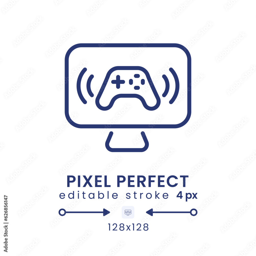 Gaming streaming linear desktop icon. Esports tournaments. Network broadcast. Pixel perfect 128x128, outline 4px. GUI, UX design. Isolated user interface element for website. Editable stroke Gaming streaming linear desktop icon. Esports tournaments. Network broadcast. Pixel perfect 128x128, outline 4px. GUI, UX design. Isolated user interface element for website. Editable stroke