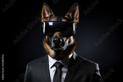 German Shepherd In Suit And Virtual Reality On Black Background. German Shepherd,Suit,Virtual Reality,Black Background. 