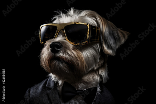 Glen Of Imaal Terrier In Suit And Virtual Reality On Black Background. Glen Of Imaal Terrier,Suit,Virtual Reality,Black Background. 