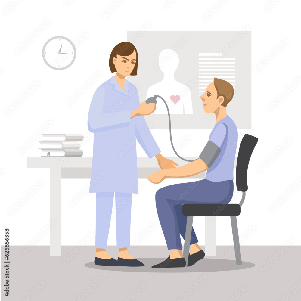 Measurement of blood pressure. The doctor measures the pressure of the patient. Vector illustration. Measurement of blood pressure. The doctor measures the pressure of the patient. Vector illustration.