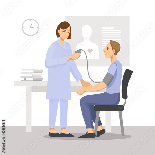 Measurement of blood pressure. The doctor measures the pressure of the patient. Vector illustration.