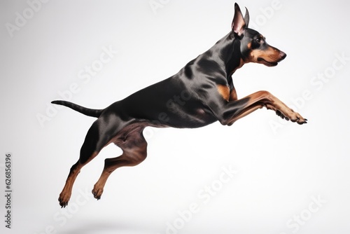 Jumping Moment, Doberman Pinscher Dog On White Background. Jumping Moment, Doberman Pinscher, White Background, Popularity Of Breed, Characteristics, Training, Grooming. 