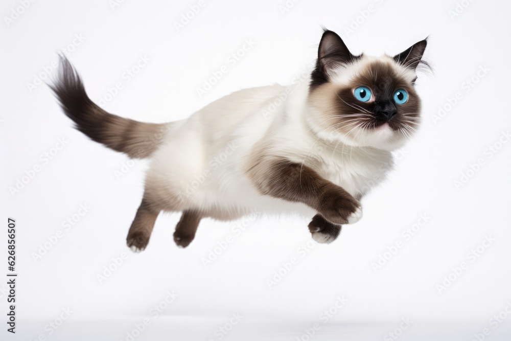 Jumping Moment, Snowshoe Cat On White Background. Jumping Moment, Snowshoe Cats, White Background, Cat Breeds, Feline Features, Kitty Names, Snowshoe Colors, Cat Care. 