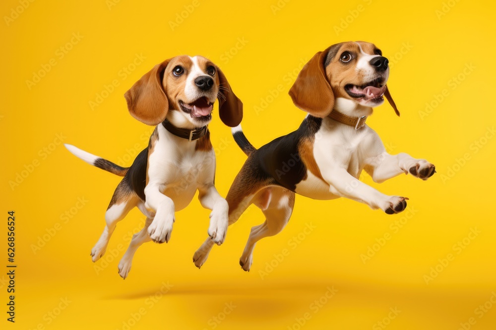 Jumping Moment, Two Beagle Dogs On Yellow Background. Jumping Moment, Two Beagles, Yellow Background, Dogs In Nature, Active Dogs, Cute Pet Photos, Photographing Dogs.