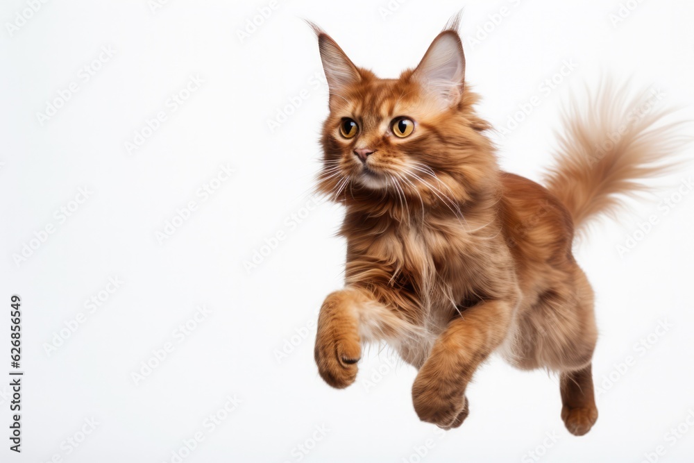 Jumping Moment, Somali Cat On White Background. Jumping Moment Body Position, Movement, Joy,Somali Cat On White Background Colour, Texture, Composition, Profile, Breed. 