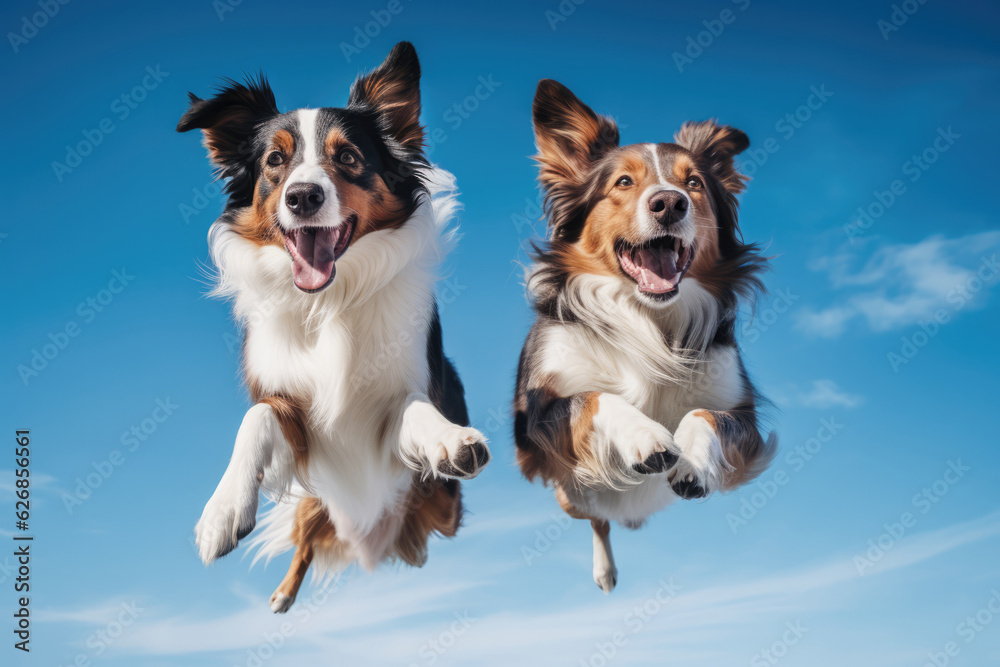 Jumping Moment, Two Collie Dog On Sky Blue Background. Jumping Moment, Collie Dogs, Sky Blue Background, Background Colour, Puppy Play, Cute Photos, Moment Capture.