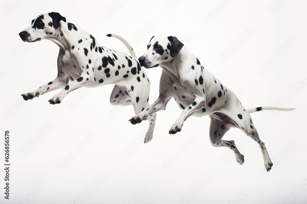 Jumping Moment, Two Dalmatian Dog On White Background. Jumping Moment,Two Dalmatians,White Background,Photography Tips,Canine Posture,Breed Characteristics. 