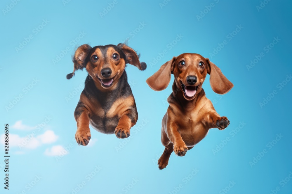 Jumping Moment, Two Dachshund Dogs On Sky Blue Background. Jumping