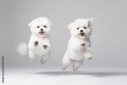 Jumping Moment, Two Bichon Frise Dogs On White Background. Jumping Moment,Two Bichon Frise Dogs,White Photography,Puppy Love,Breed Traits,Pup Pampering,Dog Socialization © Ян Заболотний