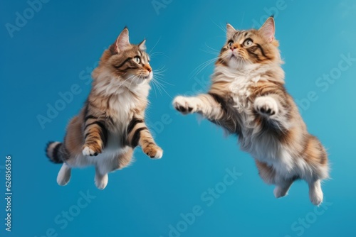 Jumping Moment, Two American Bobtail Dogs On Sky Blue Background. Jumping Moment, Bobtail Dogs, Sky Blue Backdrop, American Bobtails, Dogs In Shadow, Impulse.  photo