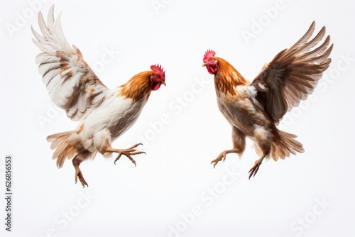 Jumping Moment, Two Chicken On White Background . Jumping Moment,Two Chickens,White Background,Photography,Creative Ideas,Animal Behavior,Background Color,Composition. 