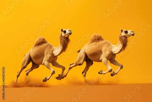 Jumping Moment, Two Camel On Yellow Background. Jumping Moment, Camels On Yellow Bkgd, Capturing Movement, Finding Unique Shots, Background Colors Contrast.  photo