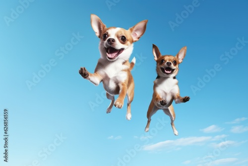 Jumping Moment, Two Chihuahua Dogs On Sky Blue Background. Jumping Moment Technique, Preparation, Leaps, Movement, Style, Power, Balance, Form.  © Ян Заболотний