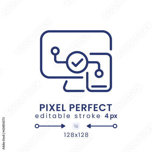 Cross-platform compatibility linear desktop icon. Streaming on multiple devices. Pixel perfect 128x128, outline 4px. GUI, UX design. Isolated user interface element for website. Editable stroke